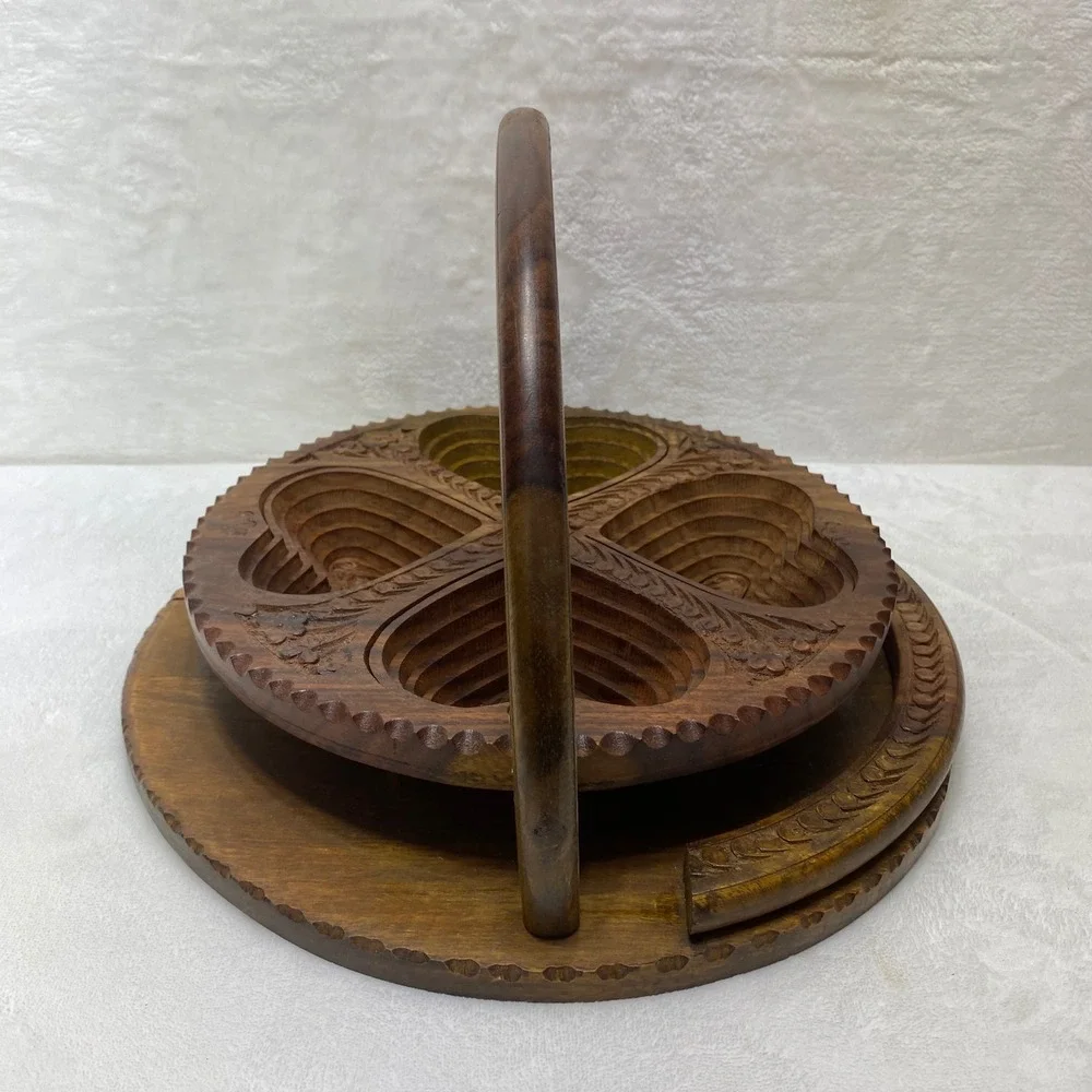 Hand Carved Collapsible‎ Wooden Fruit Basket Heart Design 4 Compartment Trivet